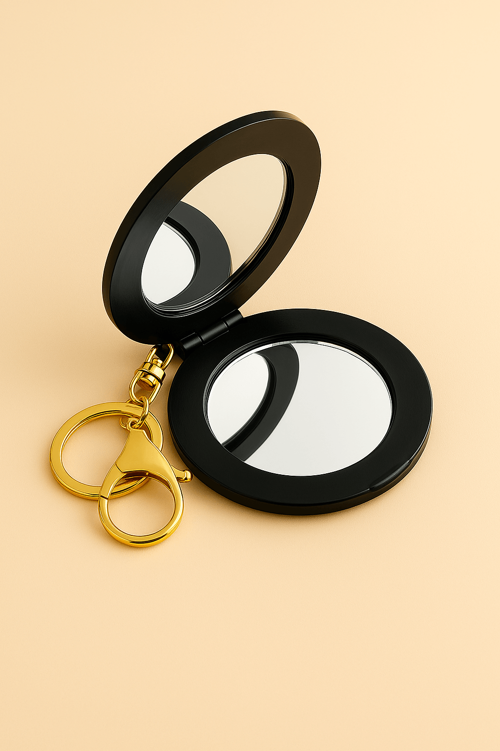 Black keychain mirror with gold clasp, showcasing two mirrors and an elegant design for on-the-go confidence.