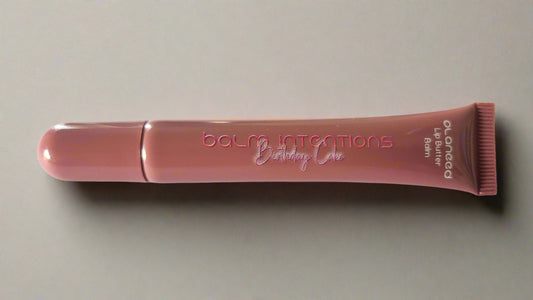 Lip balm tube with 'Balm Intention' branding on a white background