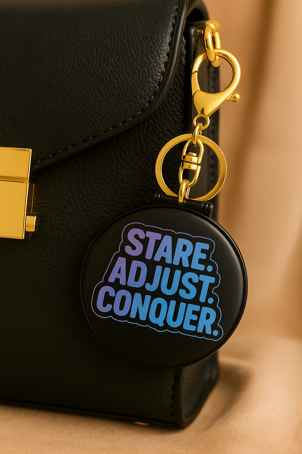 Keychain mirror with motivational phrase 'Stare. Adjust. Conquer.' attached to a stylish black bag.