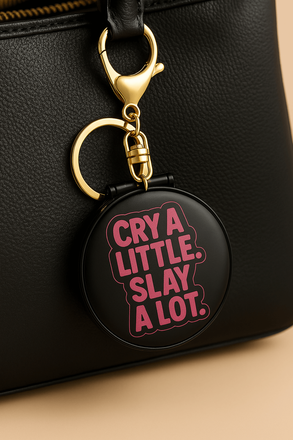 Keychain mirror featuring the phrase 'Cry a little. Slay a lot.' attached to a stylish black bag.